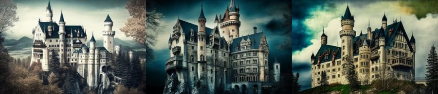 Schloss Neuschwanstein Bayern Deutschland: Ein M&auml;rchenschloss im Stil der Neugotik, das als Inspiration f&uuml;r das Schloss im Disney-Film "Die Sch&ouml;ne und das Biest" diente. (c) 2023 Midjourney AI, Lizenz: CC BY-NC 4.0