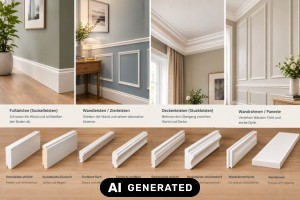 Wohnräume optisch aufwerten mit Leisten und Verkleidungen - Bild: KI-generiert / BAU.DE Wohnräume optisch aufwerten mit Leisten und Verkleidungen - Bild: KI-generiert / BAU.DE