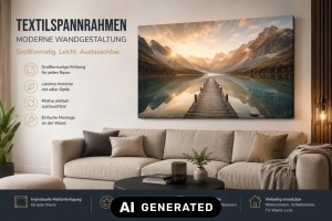 Wandgestaltung im Vergleich: Tapete, Bilderrahmen und textile Bildträger - Bild: KI-generiert / BAU.DE Wandgestaltung im Vergleich: Tapete, Bilderrahmen und textile Bildträger - Bild: KI-generiert / BAU.DE