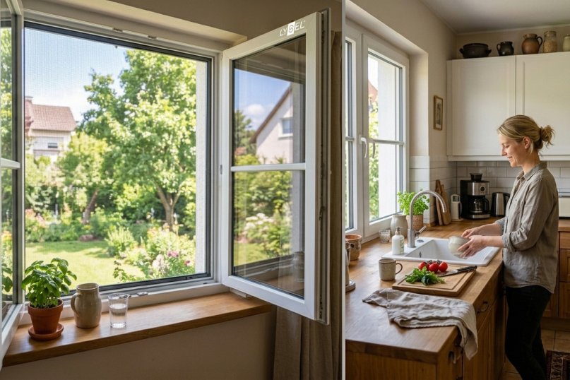 Offenes Fenster mit integriertem Fliegengitter sorgt f&uuml;r frische Luft und h&auml;lt Insekten zuverl&auml;ssig fern - f&uuml;r entspanntes Wohnen im Alltag.