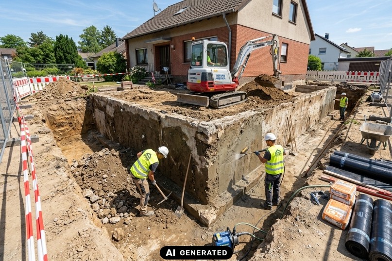 Au&szlig;enabdichtung des Kellers: Erdaushub bis zur Fundamentsohle