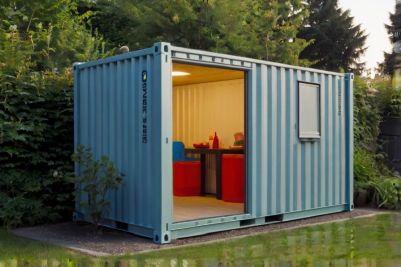 Wettergesch&uuml;tzter Stahlcontainer als Ger&auml;teschuppen im Garten